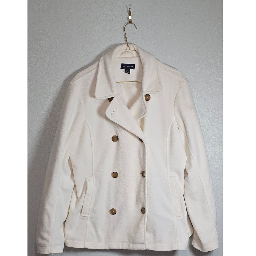 Lands End Womens Ivory ThermaCheck Fleece Pea Coat Jacket Large 14-16 White